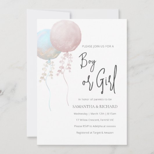 Jongen of Meisje Roze en Blauwe Ballon Geslacht On Kaart (Voorkant)