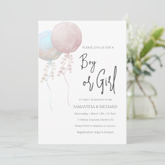 Jongen of Meisje Roze en Blauwe Ballon Geslacht On Kaart (Staand voorkant)