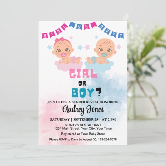 Jongen of meisje Schattige gender reveal Baby show Kaart (Staand voorkant)