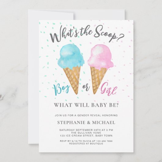 Jongen of meisje wat is de Scoop Gender Reveal Par Kaart (Voorkant)