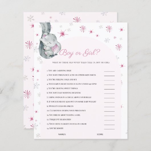 Jongen of meisjes Elephant Pink Baby shower Game (Voorkant / Achterkant)