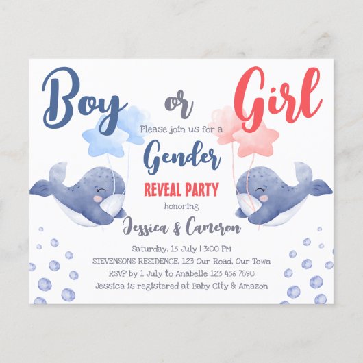 Jongen- of meisjeswalvis onthullen budgetuitnodigi (Voorkant)