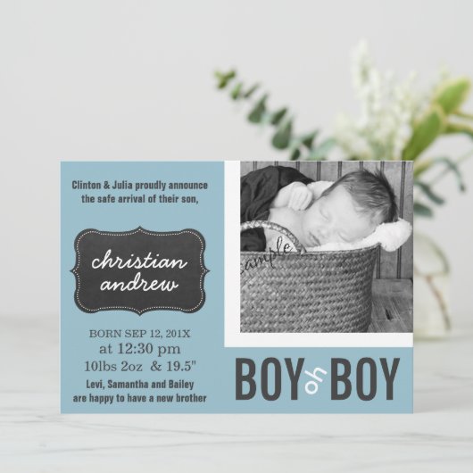 Jongen oh Boy Modern Blue New Baby Aankondiging (Staand voorkant)