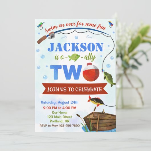 Jongen Oishally TWO jarig uitnodiging O-fish-al (Staand voorkant)