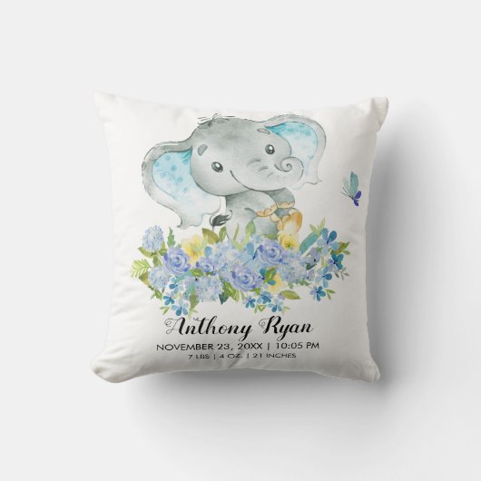 Jongen Olifant Baby Geboorte Stats Kussen (Voorkant)