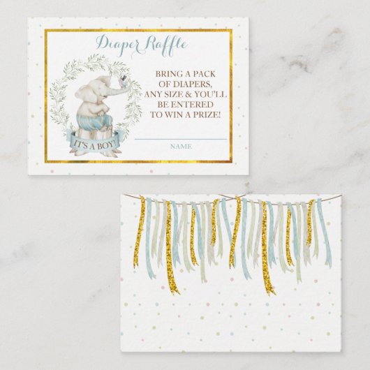 Jongen Olifant Baby shower Luier Raffle Informatiekaartje (Voorkant / Achterkant)
