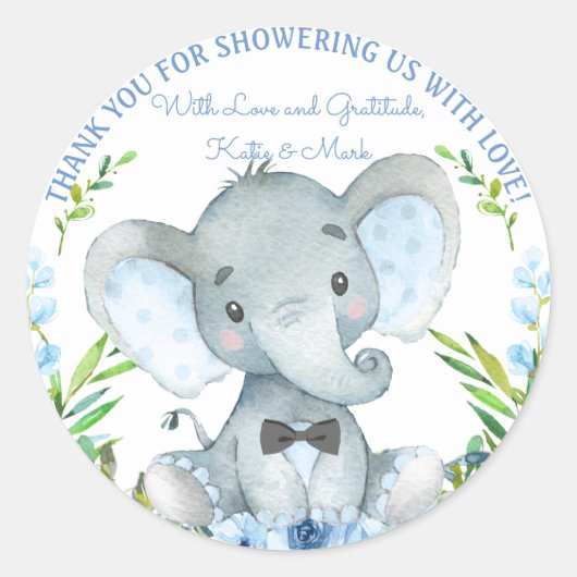 Jongen Olifant Baby Shower Stickers (Voorkant)