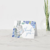 Jongen olifant blauw bloemige waterverf kleine pin bedankkaart (Voorkant)