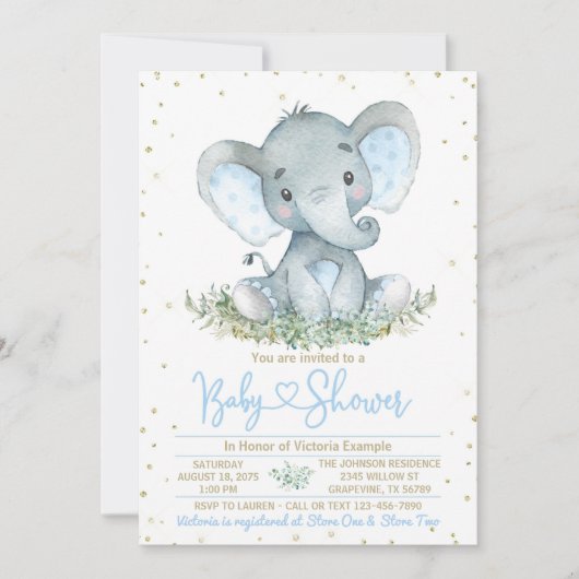 Jongen Olifant Blauw Goud Baby shower Invitation Kaart (Voorkant)