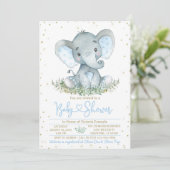 Jongen Olifant Blauw Goud Baby shower Invitation Kaart (Staand voorkant)