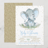 Jongen Olifant Blauw Goud Baby shower Invitation Kaart (Voorkant / Achterkant)