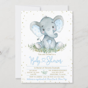 Jongen Olifant Blauw Goud Baby shower Invitation Kaart