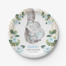 Jongen Olifant Blauw Goud Bloemen Groen Baby showe Papieren Bordje