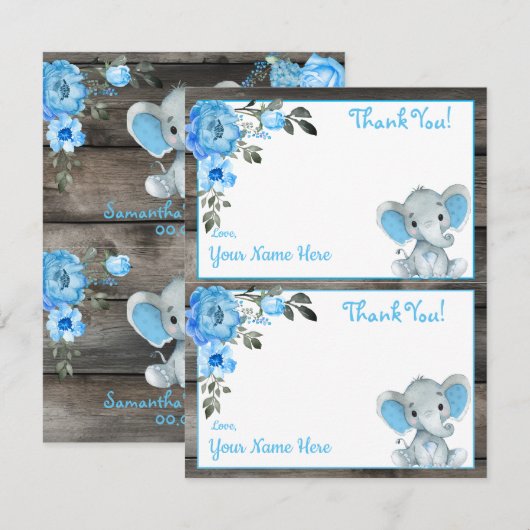 Jongen Olifant Blauw Twee per pagina Dank u kaarte Kaart (Voorkant / Achterkant)