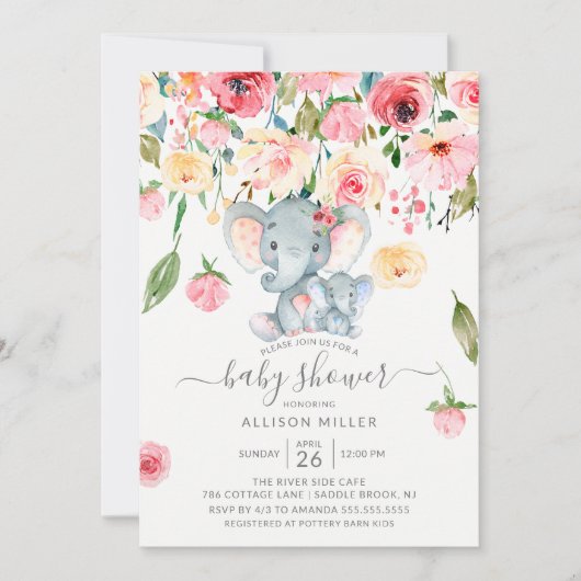 Jongen Olifant en Mam Roze Pioenrozen Baby shower Kaart (Voorkant)
