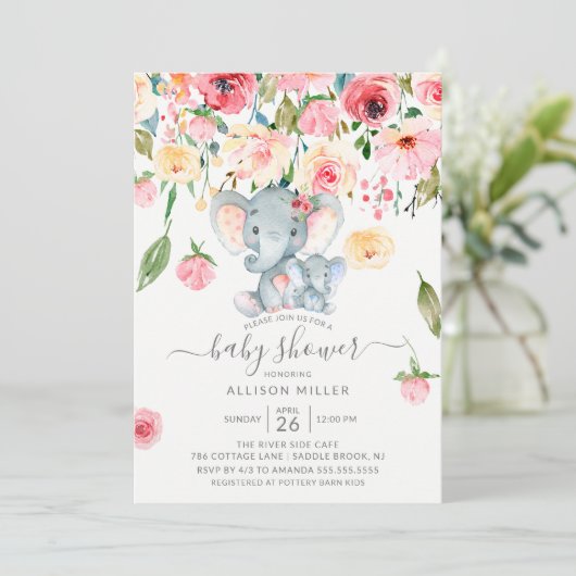 Jongen Olifant en Mam Roze Pioenrozen Baby shower Kaart (Staand voorkant)