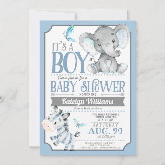 Jongen Olifant en Zebra Baby shower Uitnodiging (Voorkant)
