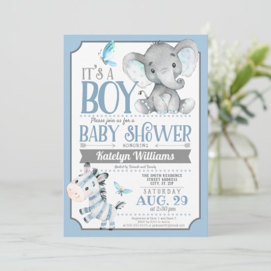 Jongen Olifant en Zebra Baby shower Uitnodiging (Staand voorkant)