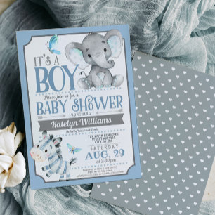 Jongen Olifant en Zebra Baby shower Uitnodiging