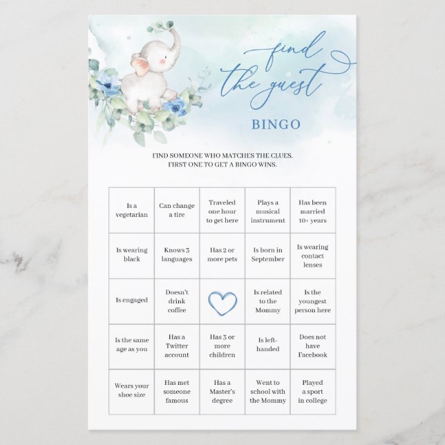 Jongen Olifant Eucalyptus Vind het Gast Bingo spel (Voorkant)