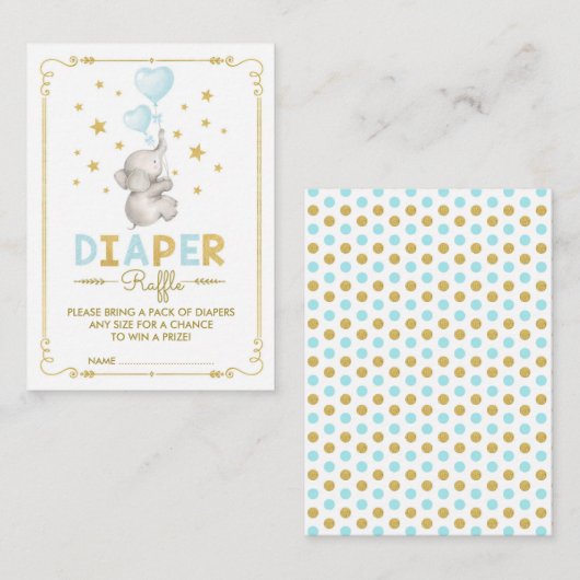 Jongen Olifant Luier Raffle Blauw Goud Baby Insert Informatiekaartje (Voorkant / Achterkant)