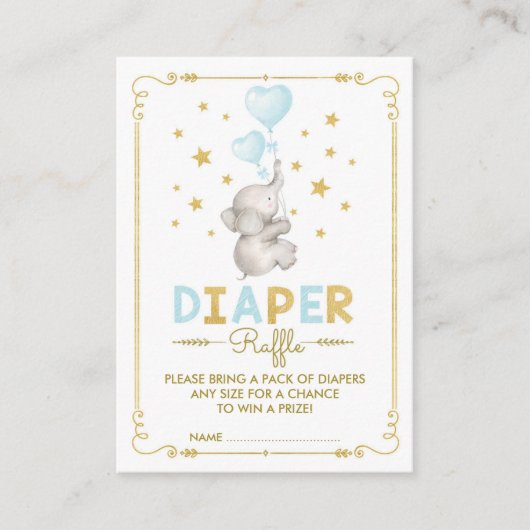 Jongen Olifant Luier Raffle Blauw Goud Baby Insert Informatiekaartje (Voorkant)