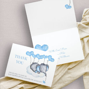 Jongen Olifant op Cloud Blue Balloon Baby shower Bedankkaart