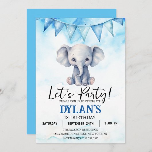 Jongen Olifant Verjaardagsfeestje Kaart (Voorkant / Achterkant)