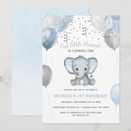 Jongen Olifant Waterverf Ballonnen 1e Verjaardag Kaart (Voorkant / Achterkant)