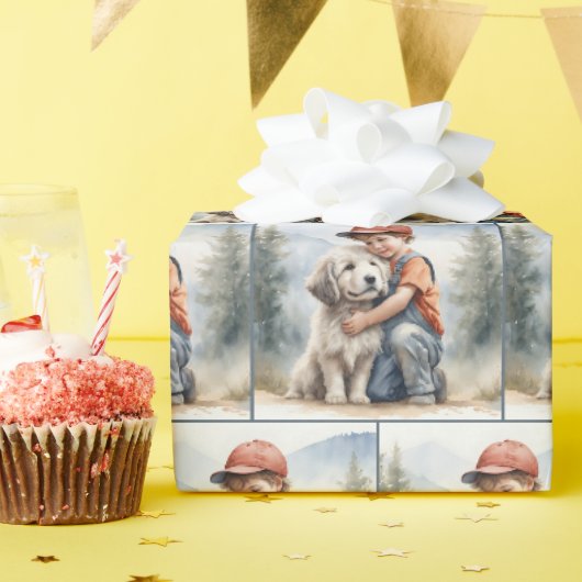 Jongen omhelst hond in waterverf cadeaupapier (Verjaardagsfeest)