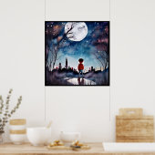 Jongen onder het Poster Volledige maan Waterverf (Keuken)