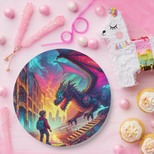 Jongen ontmoet een draak in een dystopische wereld papieren bordje (Feest)
