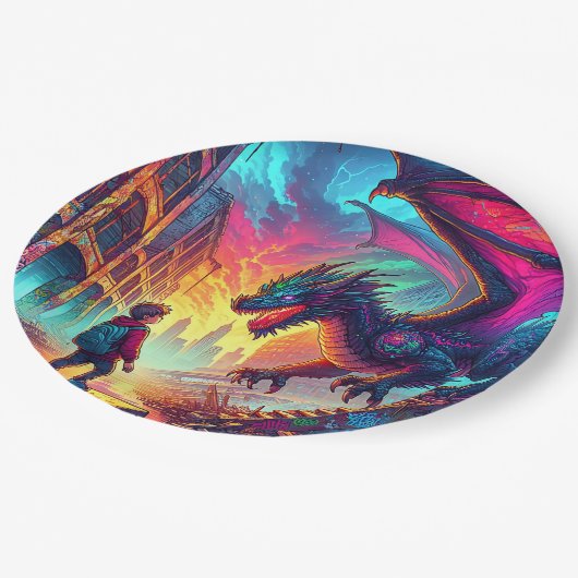 Jongen ontmoet een draak in een dystopische wereld papieren bordje (Gekanteld)