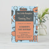 Jongen onze kleine pompoen draaien één uitvindinge kaart (Staand voorkant)