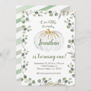 Jongen Onze pompoen maken een uitnodiging groen.