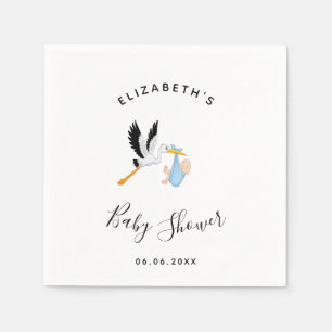 Jongen ooievaar blauw wit schattig baby shower servet