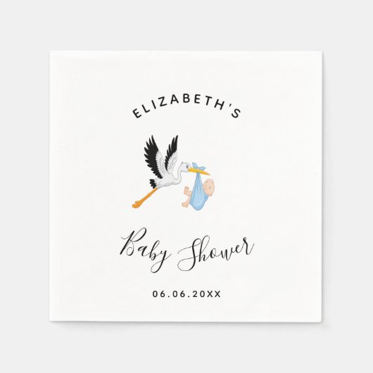 Jongen ooievaar blauw wit schattig baby shower servet (Voorkant)