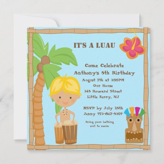Jongen op Bongo Luau Square Birthday Invitation Kaart (Voorkant)