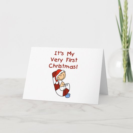 Jongen op Candy Cane 1e Kerstmis Feestdagen Kaart (Voorkant)