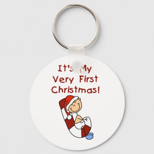 Jongen op Candy Cane 1st Christmas Sleutelhanger (Voorkant)