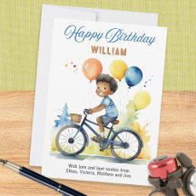 Jongen op fiets met kleurrijke ballonnen verjaarda