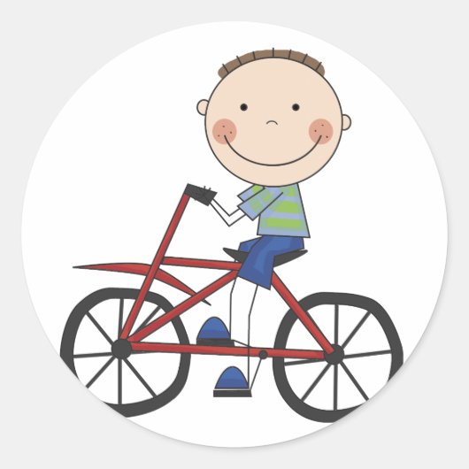 Jongen op fietspatjes en cadeautjes ronde sticker (Voorkant)