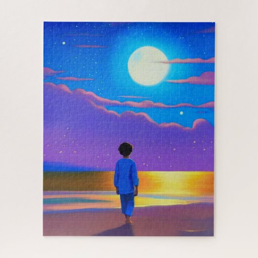 Jongen op het strand, staren naar de maan legpuzzel (Verticaal)