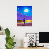Jongen op het strand, staren naar de maan poster (Thuiskantoor)