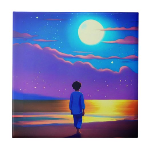 Jongen op het strand, staren naar de maan tegeltje (Voorkant)