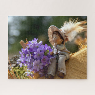 Jongen op log met bloemen legpuzzel