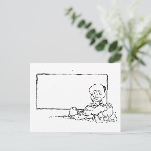 Jongen op paddenstoel briefkaart (Staand voorkant)