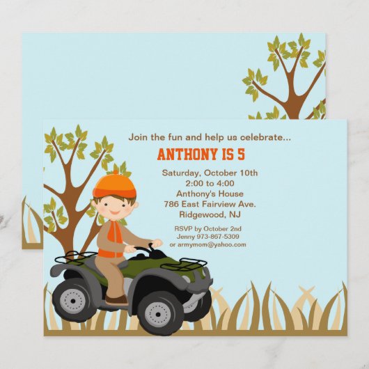 Jongen op Quad in de uitnodiging van de Bossen van (Voorkant / Achterkant)