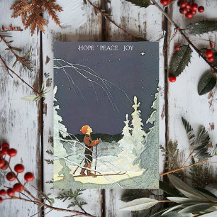 jongen op ski bewondert de kerstster feestdagen kaart