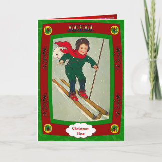 Jongen op ski's feestdagen kaart